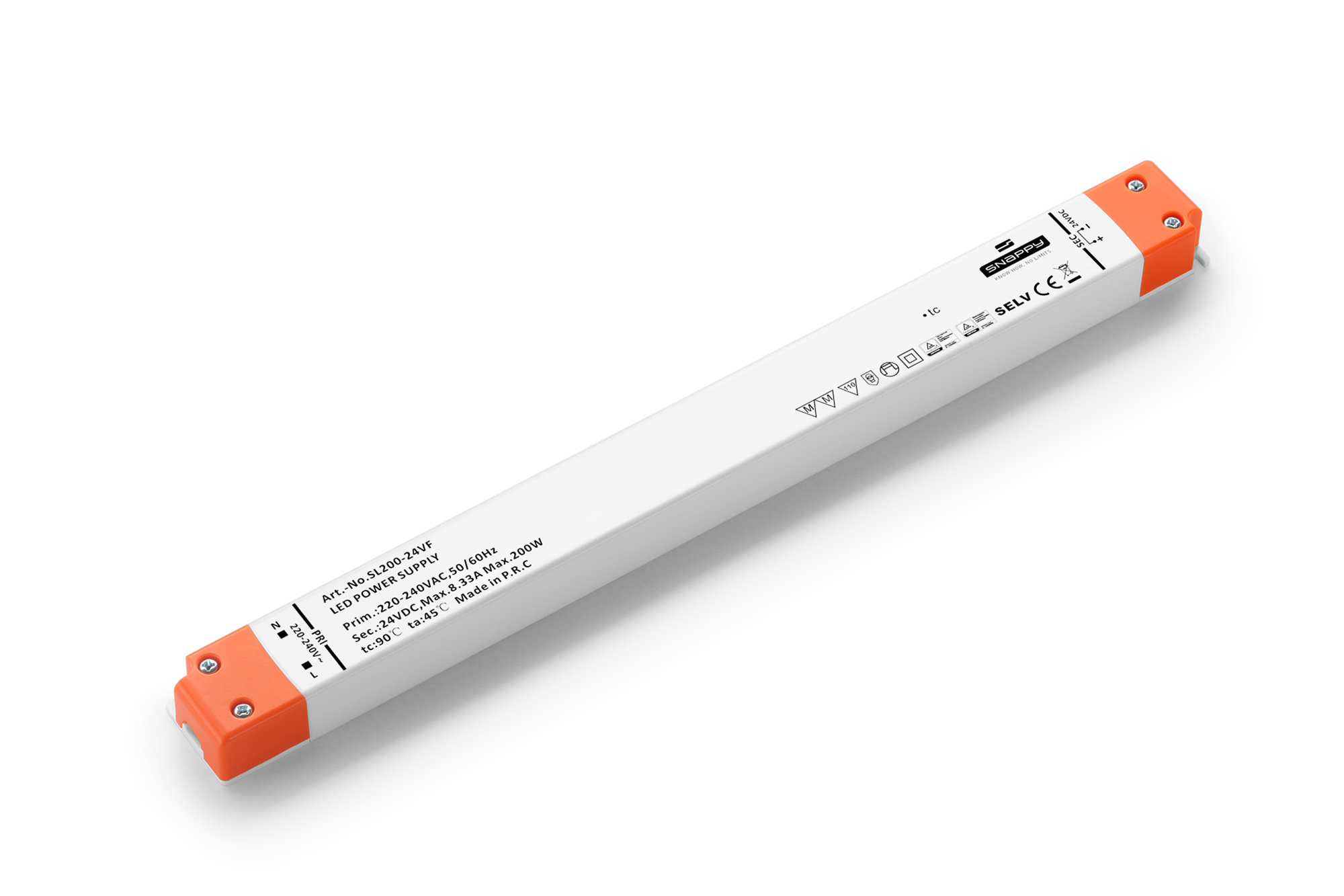 SL200-24VF  200W; Constant Voltage Non Dimmable LED Driver; 24VDC; 8.33A; Input 200-240VAC 50/60Hz; IP20.